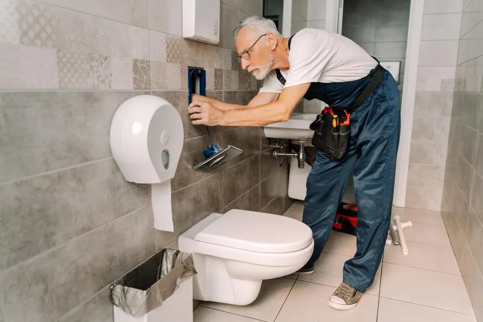 Plumber checking a toilet tank in East Canton, Ohio